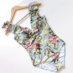 PLAVKY 2019 Sexy Female Retro V Neck Blue Striped Swimsuit One Piece Ruffled Push Up Padded High Waist Swimwear Women Monokini