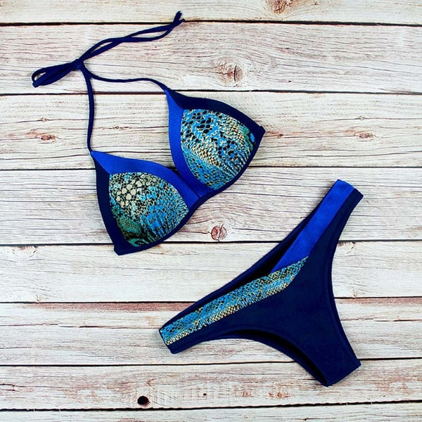 Sexy Bikini 2019 Swimsuit Women Swimwear Bikini Set Push Up Swim Suit Snake Skin Splicing Backless Bandage Swimwear Women