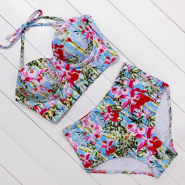 Sexy Floral Print High Waist Swimsuit 2019 Bikini Push Up Swimwear Women Vintage Biquini Bathing Suit  Maillot de Bain Femme XXL
