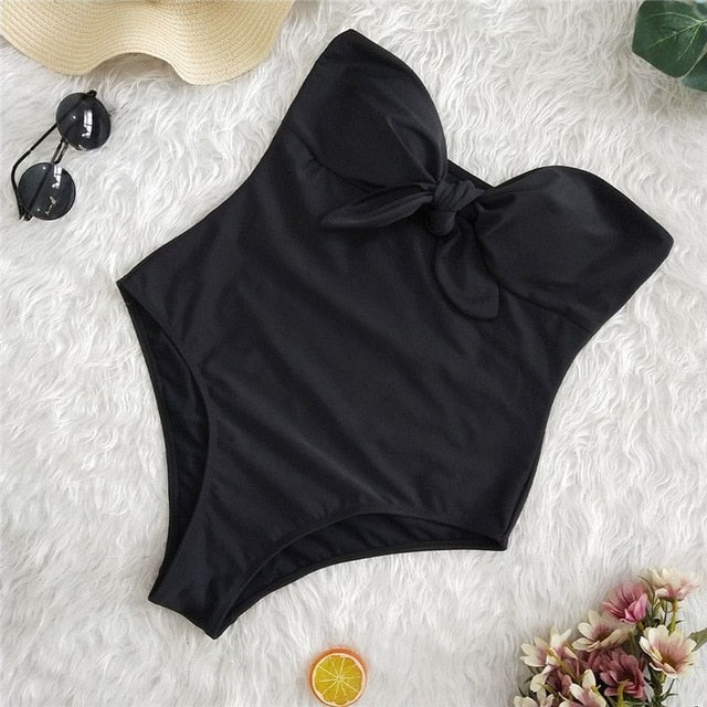 Sexy 2019 Ladies Retro High Waist Swimwear Women One piece Swimsuit Female Bandeau Front Tie Cut Out Swim Bathing Suit Monokini