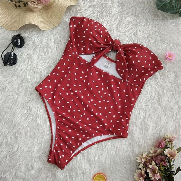 Sexy 2019 Ladies Retro High Waist Swimwear Women One piece Swimsuit Female Bandeau Front Tie Cut Out Swim Bathing Suit Monokini