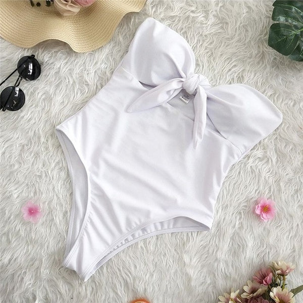 Sexy 2019 Ladies Retro High Waist Swimwear Women One piece Swimsuit Female Bandeau Front Tie Cut Out Swim Bathing Suit Monokini
