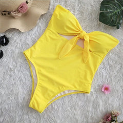 Sexy 2019 Ladies Retro High Waist Swimwear Women One piece Swimsuit Female Bandeau Front Tie Cut Out Swim Bathing Suit Monokini